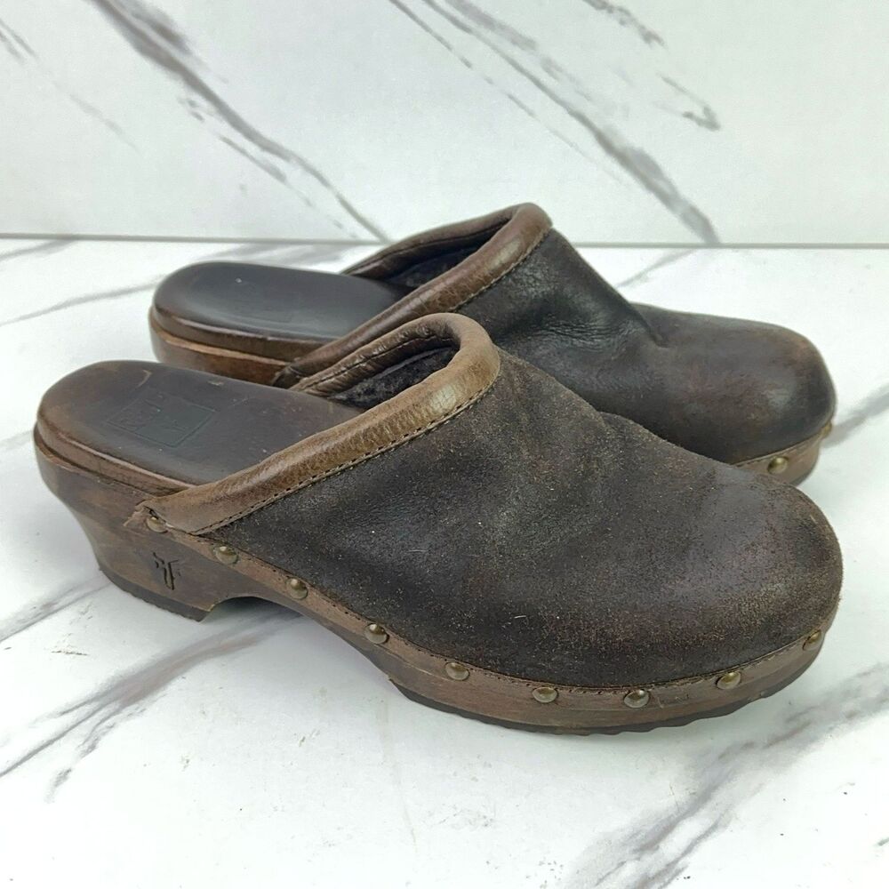 FRYE Clara Campus Clog Size US 6 Brown Leather Mules Studded Wooden Heel 70818